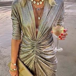 Gold Metallic LalaRosy Deep V Dress
